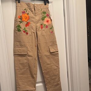 NWT Anthropologie Embroidered Floral Tan Cargo Pants